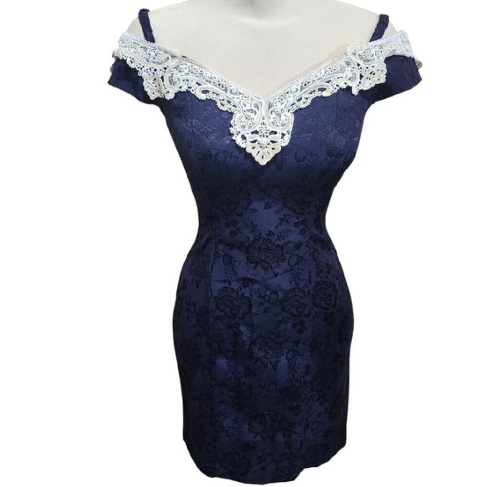 80s brocade Navy Blue Lace Trim Off The Shoulder Cocktail Dress